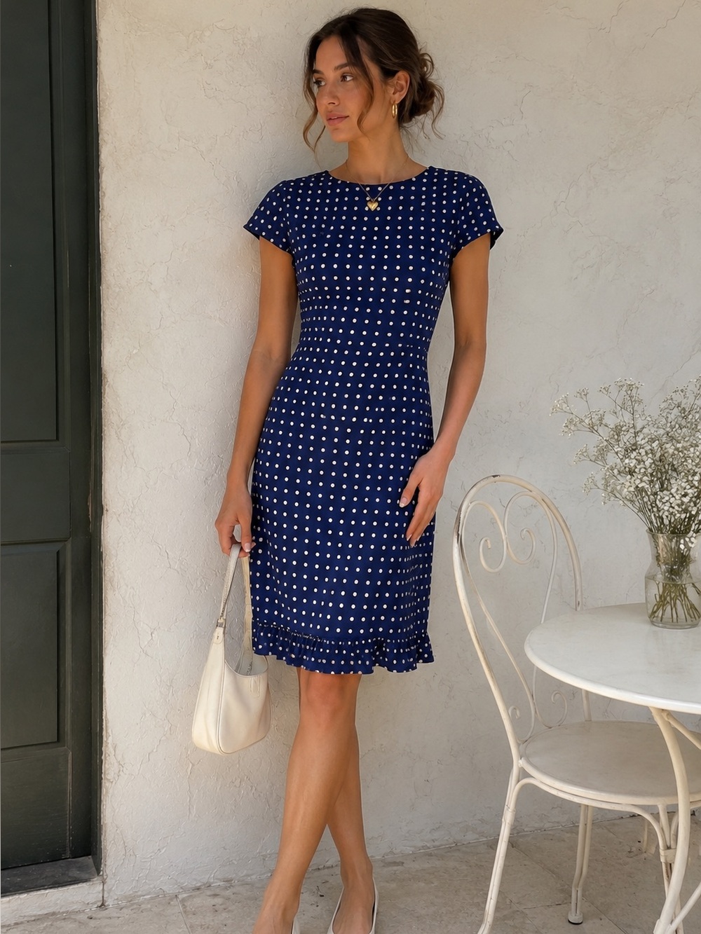 Pure & Simple 100% Silk Blue Polka Dot Dress Retro Parisian Chic Ruffle Hem Sz 8